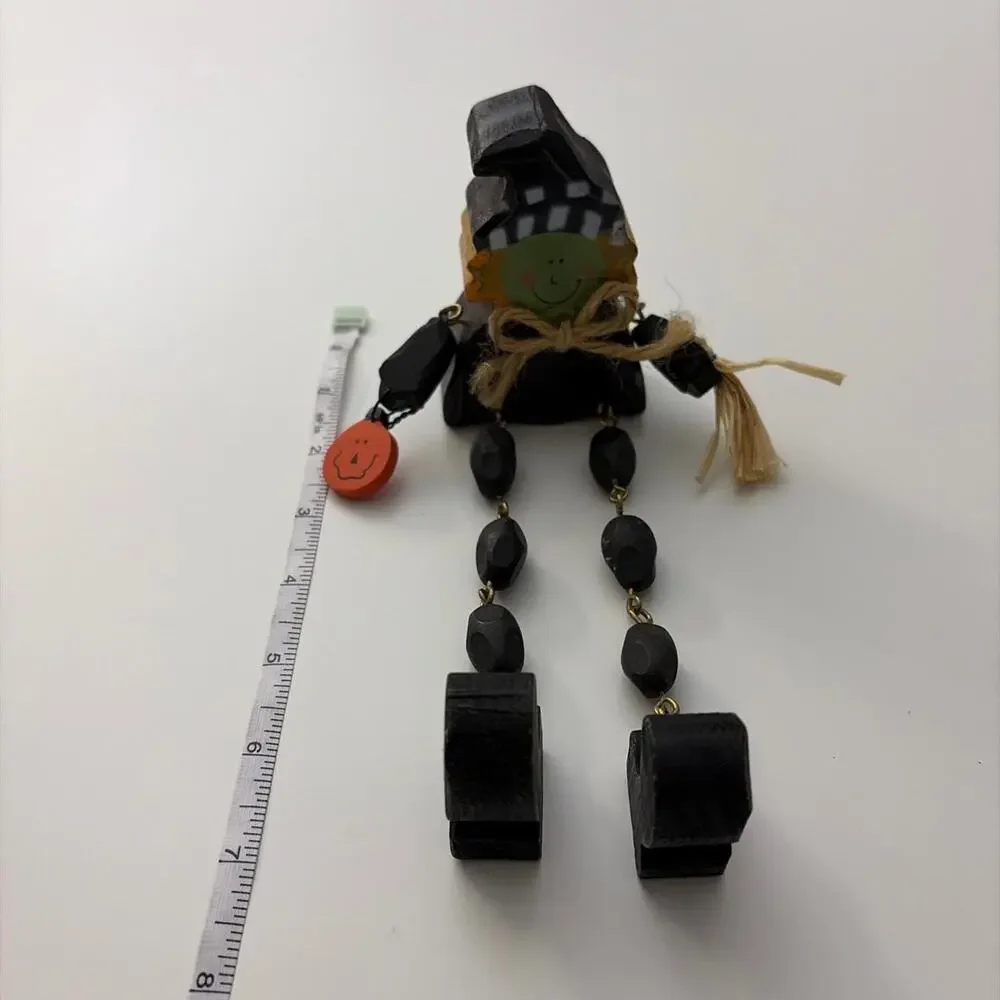 Vtg 2003 Black Witch Shelf Sitter Dangle Legs Wooden Figure with Orange Pumpkin